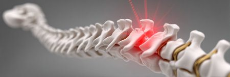 Representation of a human spine focusing on a specific vertebra with a glowing red highlight, suggesting pain or injury requiring medical attention.の素材