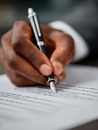 A hand grips a pen, carefully inscribing notes onto paper, conveying concentration in a business environment.の素材