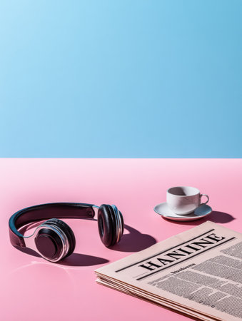 A pair of modern headphones sits next to a small coffee cup and an open newspaper, creating a calm atmosphere perfect for enjoying news and music.の素材