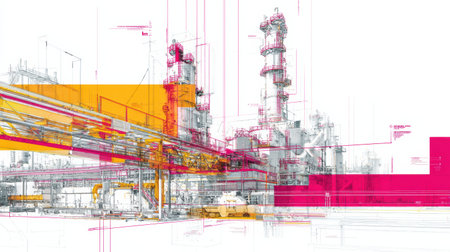 Complex diagrams illustrate a vibrant industrial plant with lines in bright colors, showing the detailed planning of a modern manufacturing facility.の素材