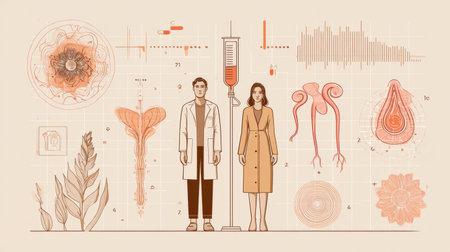 A scientist and researcher stand by lab equipment, surrounded by illustrations of biological samples, graphs, and medical data.の素材