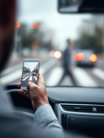 The scene shows a driver taking a picture of a pedestrian walking across the street at an intersection, showcasing urban life during the day.の素材