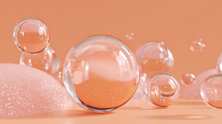 Several clear, sparkling bubbles rest on a soft peach surface, creating a tranquil and inviting atmosphere with gentle reflections and a delicate look.の素材