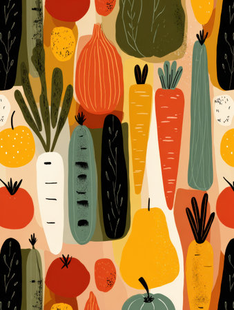 Vibrant display of assorted vegetables, including carrots, cucumbers, and tomatoes arranged in a lively pattern against an earthy backdrop.の素材