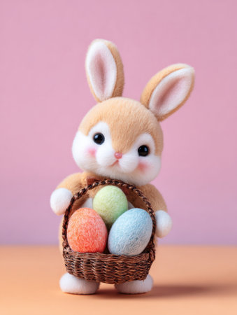 A cheerful bunny stands with a woven basket filled with pastel eggs against a soft pink background, perfect for spring festivities or Easter celebrations.の素材