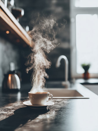 A steaming cup of coffee sits on a dark countertop in a well-lit kitchen, with sunlight streaming through the window and casting warm shadows.の素材