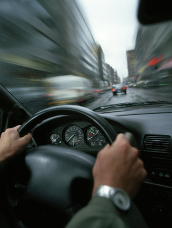 Hands grip the steering wheel while navigating a wet city street, showcasing rain-soaked buildings and vehicles in motion all around.の素材
