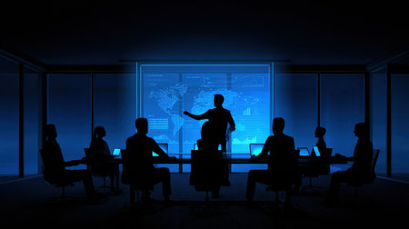 A business team gathers in a dimly lit room, focusing on a digital presentation with graphs and maps as a leader discusses strategies.の素材