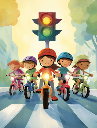 Group of children happily riding their bicycles at a traffic light, enjoying a sunny day in an animated urban landscape filled with trees.の素材