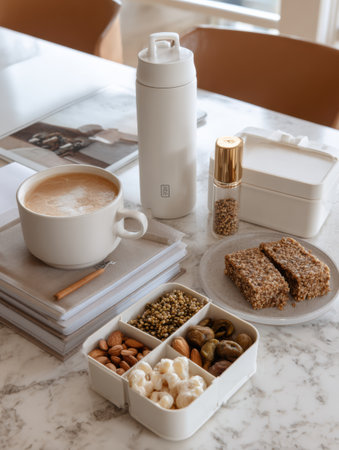 Warm coffee sits beside a variety of healthy snacks and magazines on a marble table, creating a cozy and inviting morning workspace setup.の素材