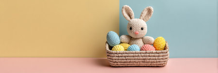 A cute crochet bunny sits in a woven basket filled with brightly colored eggs, set against soft pastel backgrounds, creating a cheerful spring atmosphere.の素材