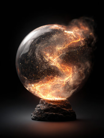 A luminous crystal ball sits atop a rocky base, with vibrant, fiery energy swirling within it, creating a captivating mystical effect.の素材