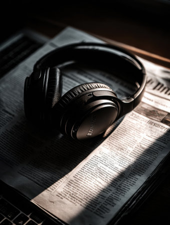 Black headphones are placed on a newspaper, illuminated by soft sunlight, creating a serene atmosphere perfect for enjoying music or reading.の素材