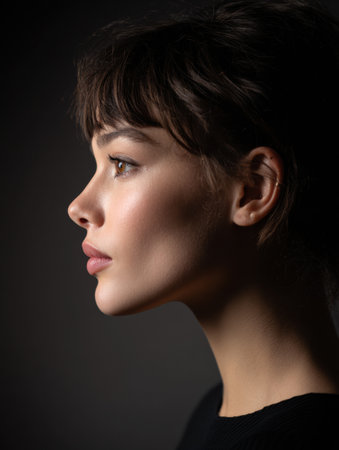 Young woman poses in profile, illuminated by soft light that accentuates her facial features and expression against a dark background.の素材