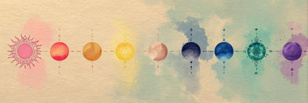 This artwork features a vibrant arrangement of chakras and celestial bodies on a gentle background, symbolizing balance and spiritual energy connections.の素材