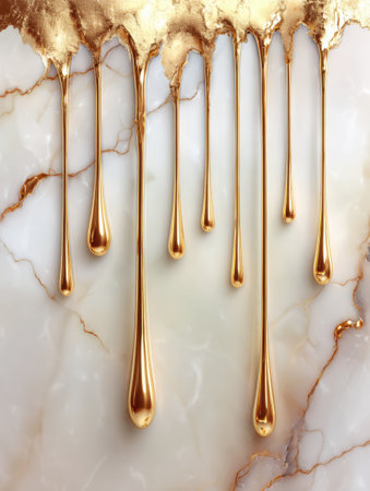 Golden liquid drips gracefully down a polished marble background, blending contemporary luxury with rich textures and striking visual appeal.の素材