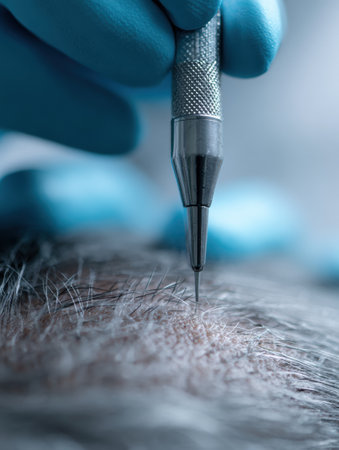 A detailed view of a scalp micropigmentation procedure in progress, focusing on a hand holding a needle over the scalp, highlighting the technique involved.の素材