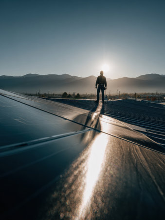A silhouette of a worker stands on a solar panel rooftop at sunrise in a mountainous landscape, highlighting renewable energy efforts and early morning light.の素材