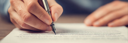 A person is carefully writing with a fountain pen on a sheet of paper, suggesting attention to detail and seriousness in a professional environment.の素材