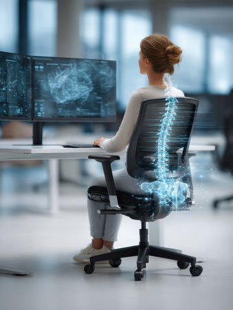 Woman seated at a desk in an office, using multiple screens while demonstrating proper spinal alignment. A visual representation of the spine appears.の素材