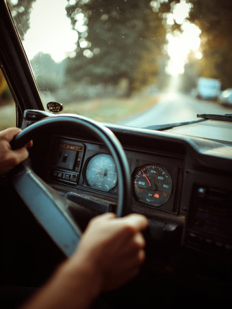 Hands gripping the steering wheel while navigating a peaceful country road lined with trees, as golden sunlight creates a tranquil atmosphere.の素材