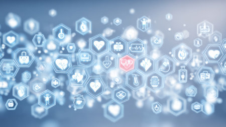 Various health and medical icons are displayed in a dynamic arrangement, showing themes of wellness and technology in a modern design.の素材