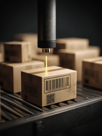 Packages are being scanned for sorting in a shipping warehouse, illuminated by a focused light source, showing an efficient logistics process at work.の素材