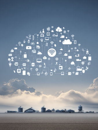 Modern technology symbols display over a serene rural setting featuring silos, highlighting the blend of agriculture and digital innovation.の素材