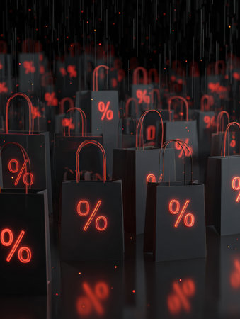 A crowd of black shopping bags with neon red percentage signs glows against a dark background, suggesting a sale or promotional event in a modern retail space.の素材