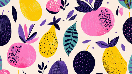 A lively arrangement of colorful fruits and leaves fills the space, showing bold colors and creative patterns in a fun and artistic way.の素材