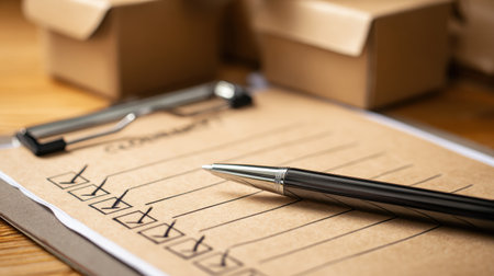 A checklist lies on a clipboard with a pen resting nearby, while cardboard boxes are positioned for packing.の素材