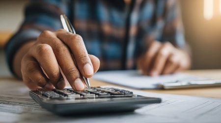 A person uses a calculator while writing notes on documents, concentrating on managing finances and organizing expenses in a quiet workspace.の素材