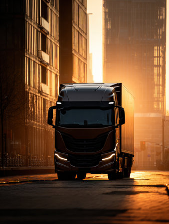 A truck stands on a city street at sunrise, casting a striking silhouette as warm light illuminates surrounding buildings. The scene captures urban life.の素材