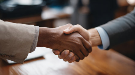 Two business professionals with varied skin tones are shaking hands in a bright office, symbolizing agreement and collaboration during a meeting.の素材