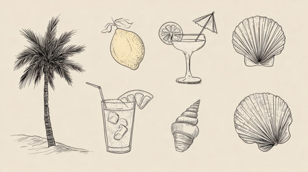 A vibrant tropical setting features a palm tree, citrus fruit, cocktails, and shells, evoking a sense of relaxation and seaside fun during summer.の素材