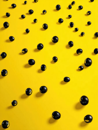 Dark spherical objects are distributed across a vivid yellow surface, creating an eye-catching display of color and form, highlighting artistic creativity.の素材
