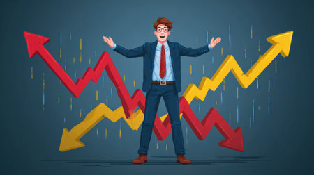 A business man with glasses stands joyfully among increasing red and yellow graphs, symbolizing financial growth and success in a modern office setting.の素材