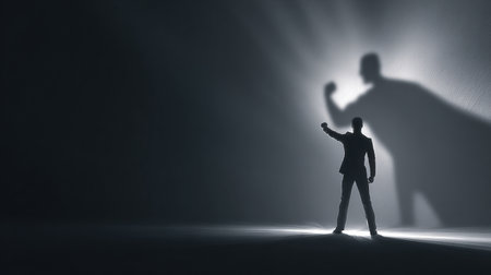 A solitary figure stands confidently, casting a large shadow on a wall. The lighting creates a powerful atmosphere, emphasizing strength and determination.の素材