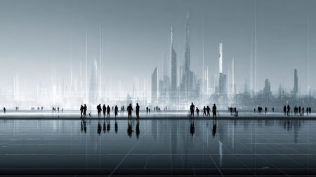 Silhouettes of individuals stand near a reflective surface, observing a modern skyline filled with towering structures during twilight hours.の素材