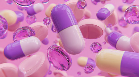 Vibrant capsules in various colors float among sparkling bubbles on a soft pink background, creating a lively and engaging atmosphere full of movement.の素材