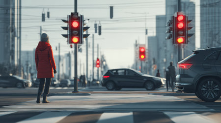 Pedestrian waits at a crosswalk while cars stop at red lights in a bustling city environment, showcasing urban life on a cool dayの素材