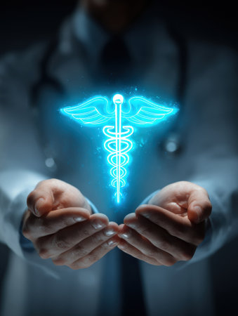 A healthcare professional holds out hands, displaying a luminous medical symbol between them. The setting is dark, highlighting the symbols glow.の素材