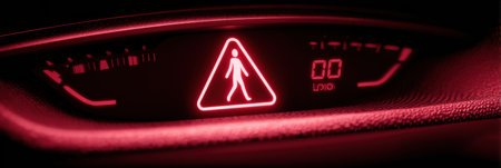 A glowing red warning signal for pedestrian detection is visible on the dashboard of a car while driving at night, emphasizing safety alerts for drivers.の素材