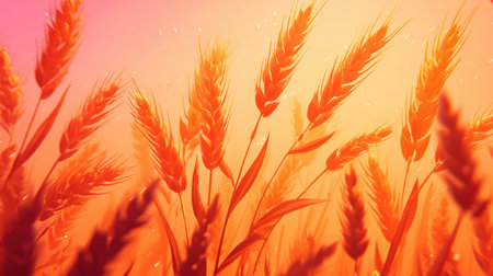 Wheat stalks glow in golden hues as the sun sets, creating a peaceful atmosphere in a vast agricultural field, inviting tranquility and reflection.の素材