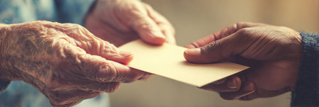 An elderly person weathered hands gently pass a letter to a younger person in a cozy environment, capturing a moment of connection.の素材