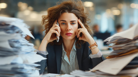 Businesswoman surrounded by stacks of papers and documents looks stressed while holding a phone to her ear in a busy office settingの素材