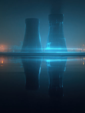 Cooling towers stand tall in a foggy atmosphere at night, illuminated by soft blue lights, creating a serene reflection on the water surface.の素材