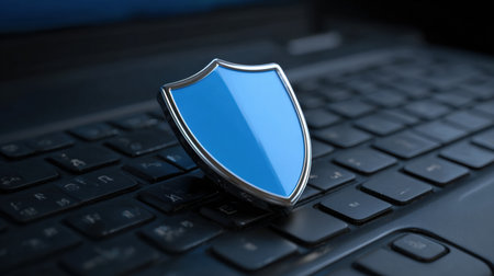 A blue shield is positioned on a black keyboard, symbolizing digital security and protection in todays technology-driven world.の素材
