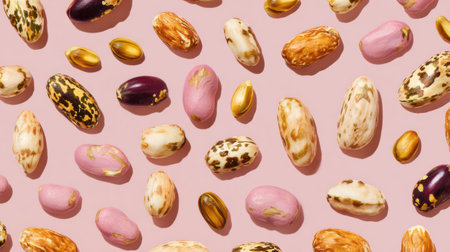 A vibrant collection of different seeds scattered across a light pink background, showing their unique shapes and colors in an artistic layout.の素材