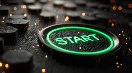 A glowing start button stands out on a textured black surface, surrounded by small sparks, setting the mood for gaming or interactive activities at night.の素材